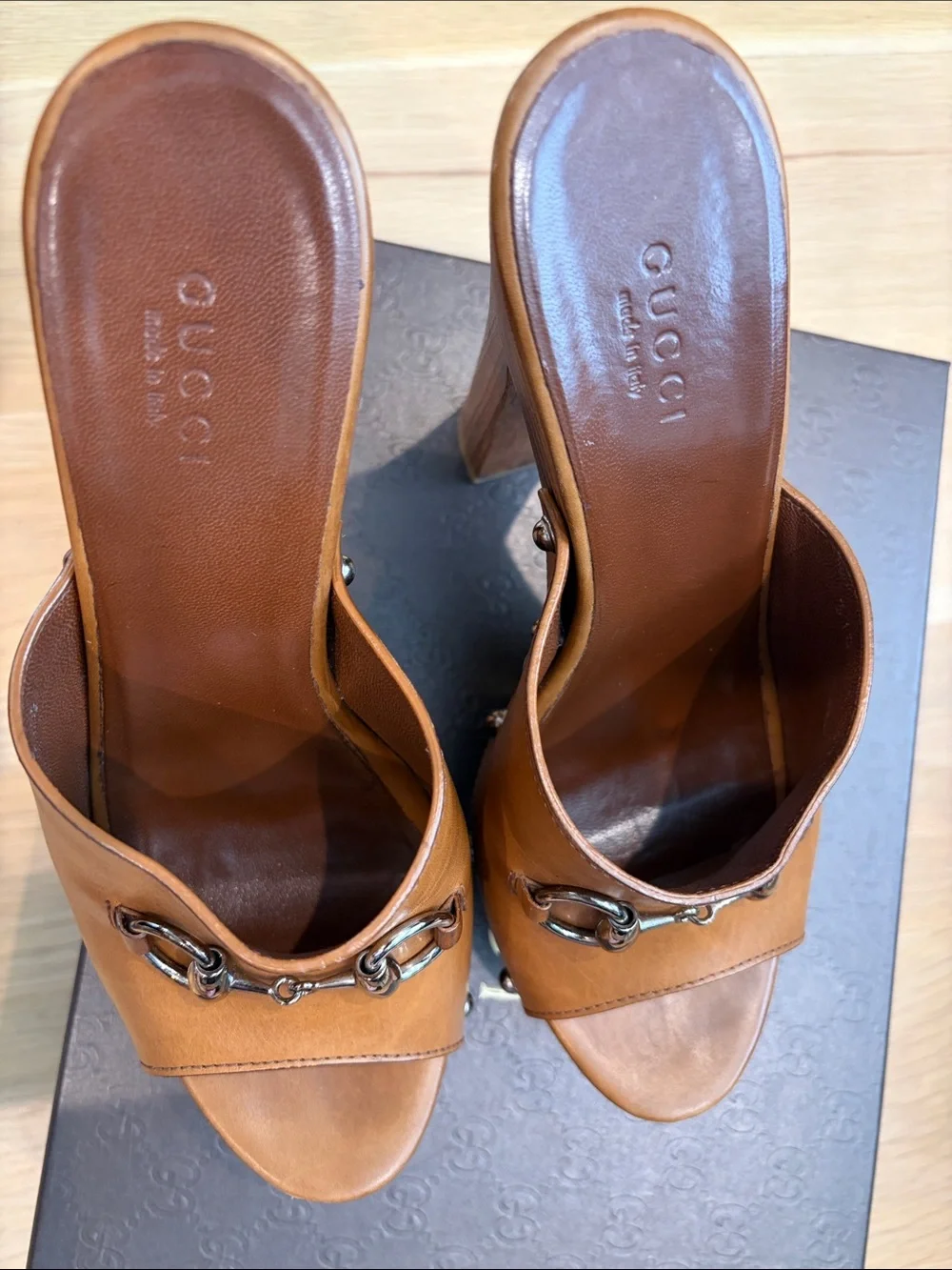 Gucci Tan Leather Horsebit Platform Mules